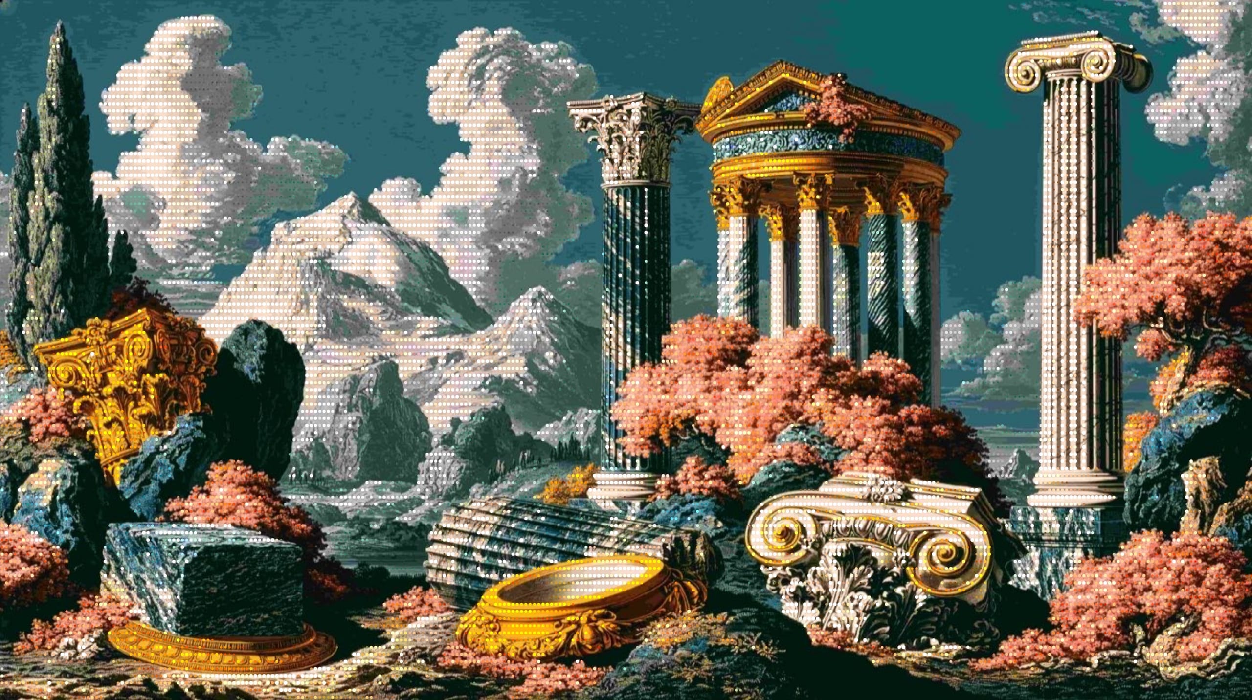 Oil painting of a ruined Greek temple among coral trees and clouds, watched over by the owl of Athena